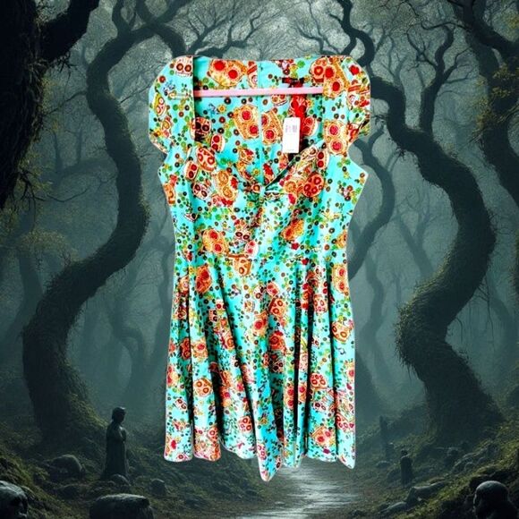 Hell Bunny Plus Size Retro Chic Sweetheart Neckline SkullHearts,Swing Midi Dress - Picture 1 of 15